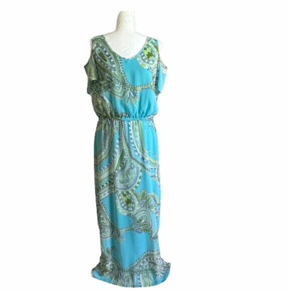Chicos Maxi Dress Sienna Aqua Green Paisley Cold Shoulder Short Sleeve Medium - Picture 1 of 12